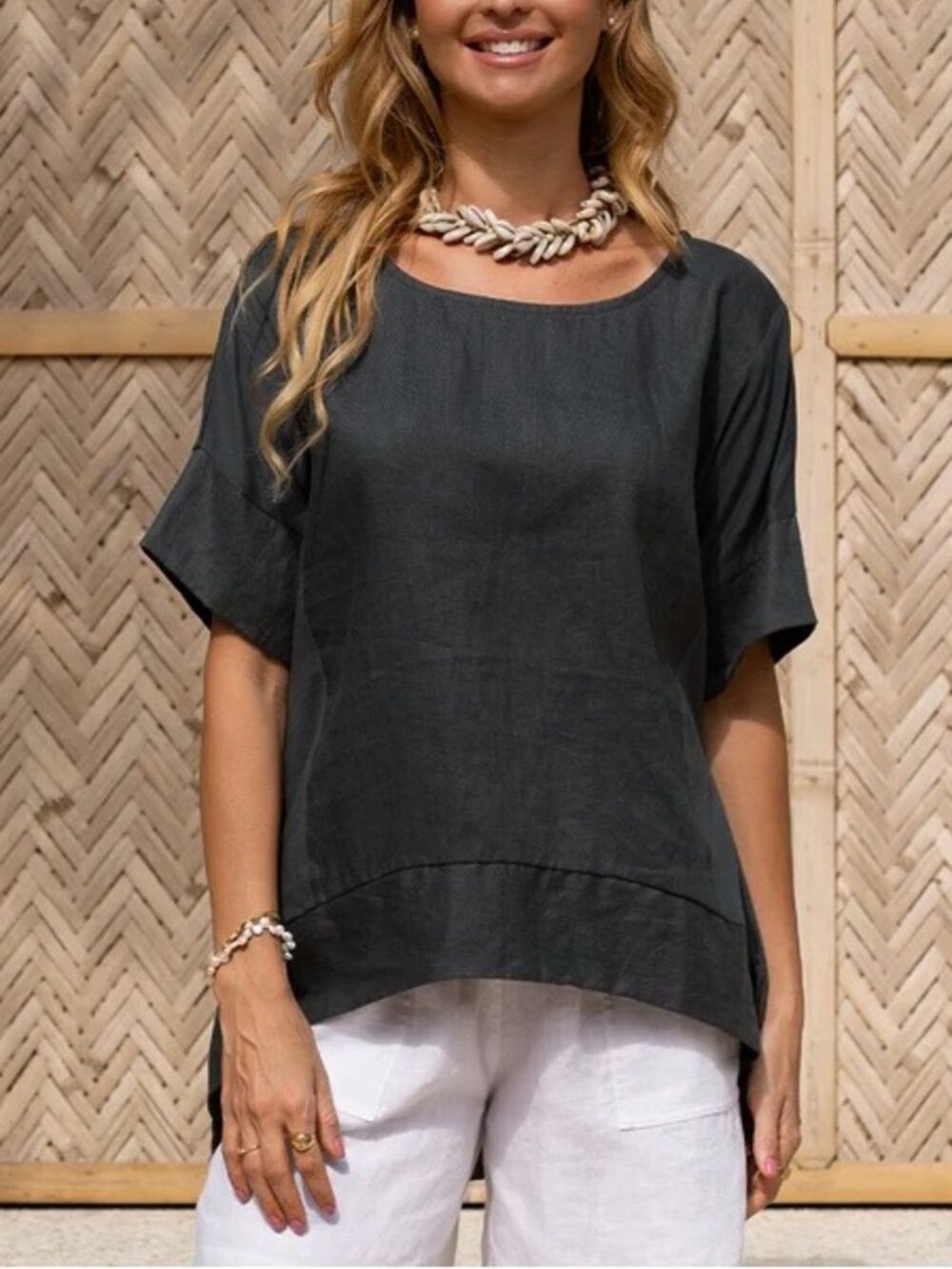 Flax Black Slub Linen Short Sleeve Top oversized small
